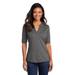 Port Authority LK583 Women's Stretch Heather Open Neck Top in Black/Thunder Grey size Medium | Polyester/Spandex Blend