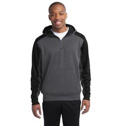 Sport-Tek ST249 Tech Fleece Colorblock 1/4-Zip Hooded Sweatshirt in Graphite Grey size XS | Polyester