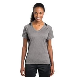 Sport-Tek LST361 Women's Heather Colorblock Contender V-Neck Top in Vintage Heather/Black size Large