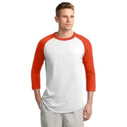 Sport-Tek T200 Colorblock Raglan Jersey T-Shirt in White/Deep Orange size Medium | Cotton