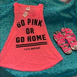 Pink Victoria's Secret Tops | Go Pink Or Go Home Tank And Vs Pink Flip Flops | Color: Black/Pink | Size: S