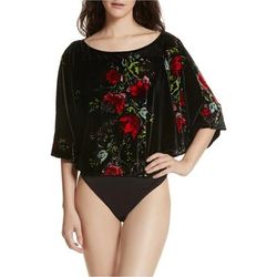 Free People Tops | Babe Stretch Velvet Slouchy Floral Bodysuit Top M | Color: Black | Size: M