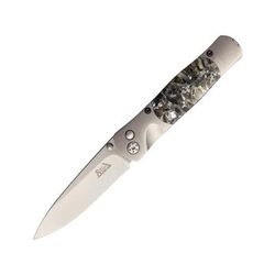 Santa Fe Stoneworks Tesoro Button Lock Folding Knife 3.5in Closed 2.75in Satin Vg-10 SS Blade Titanium Bolster Thumb Stud Pocket Clip Obsidian Abalone