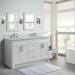 "61" Double sink vanity in White finish and White quartz and oval sink - BellaTerra 400700-61D-WH-WEO"