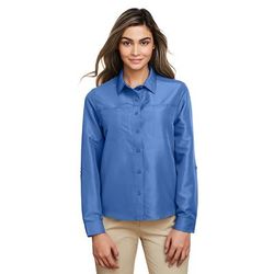 Harriton M580LW Women's Key West Long-Sleeve Performance Staff Shirt in Pool Blue size XS | Polyester