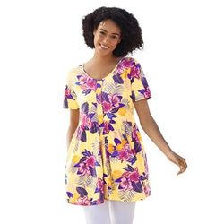 Plus Size Women's Short-Sleeve Empire Waist Tunic by Woman Within in Banana Hibiscus Tropicana (Size 38/40)