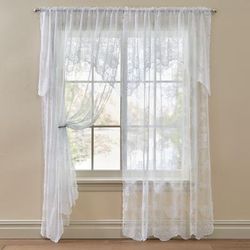 Wide Width Ella Floral Lace Panel with Attached Valance by BrylaneHome in White (Size 58" W 63" L) Window Curtain