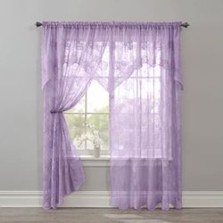 Wide Width Ella Floral Lace Panel with Attached Valance by BrylaneHome in Lilac (Size 58" W 84" L) Window Curtain