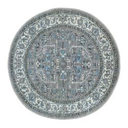 Shahbanu Rugs Gray Peshawar With Heriz Design lustrous wool Hand Knotted Oriental Round Rug (6'0" x 6'1") - 6'0" x 6'1"