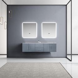 72 inch Dark Grey Double Vanity Set with White Carrara Marble Top with White Ceramic Square Undermount Sinks and 30 inch LED Mirrors - Lexora Home LG192272DBDSLM30