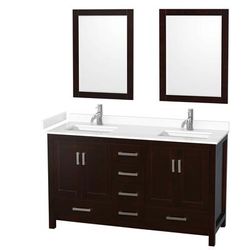 Sheffield 60 Inch Double Bathroom Vanity in Espresso, White Cultured Marble Countertop, Undermount Square Sinks, 24 Inch Mirrors - Wyndham WCS141460DESWCUNSM24