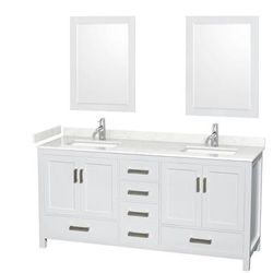 Sheffield 72 Inch Double Bathroom Vanity in White, Carrara Cultured Marble Countertop, Undermount Square Sinks, 24 Inch Mirrors - Wyndham WCS141472DWHC2UNSM24