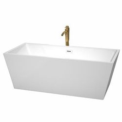 Sara 67 Inch Freestanding Bathtub in White with Shiny White Trim and Floor Mounted Faucet in Brushed Gold - Wyndham WCBTK151467SWATPGD