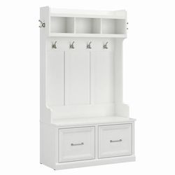 "kathy ireland® Home by Bush Furniture Woodland 40W Hall Tree and Shoe Storage Bench with Doors in White Ash - Bush Furniture WDL001WAS "