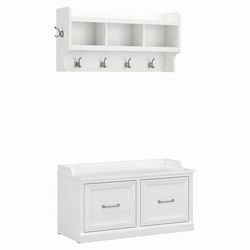 "kathy ireland® Home by Bush Furniture Woodland 40W Shoe Storage Bench with Doors and Wall Mounted Coat Rack in White Ash - Bush Furniture WDL003WAS "