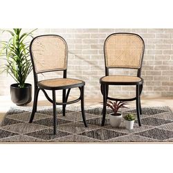 Baxton Studio Cambree Mid-Century Modern Brown Woven Rattan and Black Wood 2-Piece Cane Dining Chair Set - Wholesale Interiors C29-Black-Beechwood/Rattan-DC