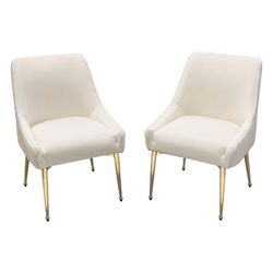 Set of (2) Quinn Dining Chairs w/ Vertical Outside Pleat Detail and Contoured Arm in Cream Velvet w/ Brushed Gold Metal Leg - Diamond Sofa QUINNDCCM2PK