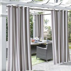 Wide Width Outdoor Decor Coastal Stripe Outdoor Single Grommet Curtain Panel by Commonwealth Home Fashions in Taupe (Size 50" W 96" L)