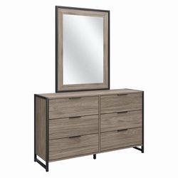 kathy ireland® Home by Bush Furniture Atria 6 Drawer Dresser with Mirror in Modern Hickory - Bush Business Furniture ATR015MH