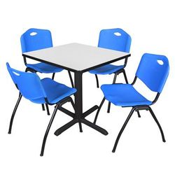 Regency Cain 30 in. Square Breakroom Table- White & 4 M Stack Chairs- Blue - Regency TB3030WH47BE