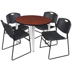 Regency Kahlo 36 in. Round Breakroom Table- Cherry Top, Chrome Base & 4 Zeng Stack Chairs- Black - Regency TPL36RNDCHCM44BK