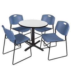 Regency Cain 30 in. Round Breakroom Table- White & 4 Zeng Stack Chairs- Blue - Regency TB30RNDWH44BE