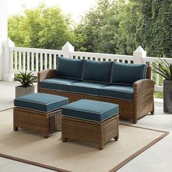 Bradenton 3Pc Outdoor Wicker Sofa Set Navy/Weathered Brown - Sofa & 2 Ottomans - Crosley KO70186WB-NV