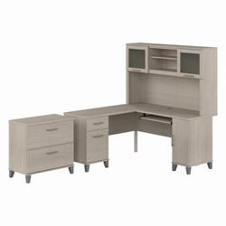 Bush Furniture Somerset 60W L Shaped Desk with Hutch and Lateral File Cabinet in Sand Oak - Bush Furniture SET008SO