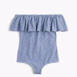 J. Crew Tops | J.Crew Blue & White Ruffle Off The Shoulder Striped Bodysuit | Color: Blue/White | Size: Xxs