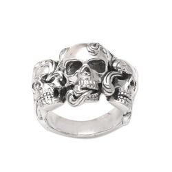 Three Heads,'Men's Skull-Themed Sterling Silver Cocktail Ring'