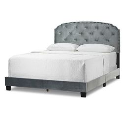 Arin Silver Grey Velvet Queen Bed with Button Tufting and Black Nail Head Trim - Glamour Home GHUB-1365