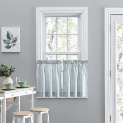 Wide Width Plaza Stripe Tailored Tier Curtain Pair by Plaza Stripe in Blue (Size 56" W 24" L)
