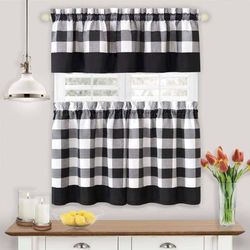 Wide Width Hunter Window Curtain Tier Pair And Valance Set by Achim Home Décor in Black (Size 57" W 24" L)