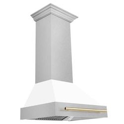 "30" Autograph Edition DuraSnow Stainless Steel Range Hood with White Matte Shell and Gold Handle - ZLINE Kitchen And Bath 8654SNZ-WM30-G"