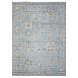 Shahbanu Rugs Light Blue Soft and Shiny Wool Hand Knotted Afghan Oushak with Floral Pattern Natural Dyes Oriental Rug (9'2"x12')