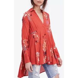 Free People Tops | Free People Field Of Butterflies Red Long Sleeve Tunic | Color: Red | Size: S