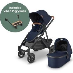 UPPAbaby Vista V2 Single-to-Double Stroller + PiggyBack Ride-Along Bundle - Noa (Navy/Carbon/Saddle