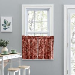 Wide Width Lexington Leaf- Candlewick Leaf Pattern On A Colored Ground- Tailored Tier by Ellis Curtains in Brick (Size 56" W 24" L)