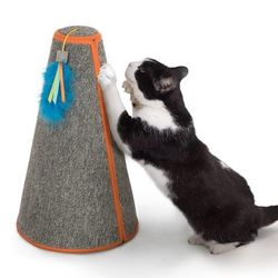 Carpet Cone Cat Scratcher Carpet Tower with Dangling Feather Toy, 10" L X 17" W X 10" H, Medium, Gray