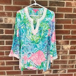 Lilly Pulitzer Tops | Lilly Pulitzer Renato Bohemian Queen Tunic Top S Rayon Sequin Trim 000062 Euc | Color: White | Size: S