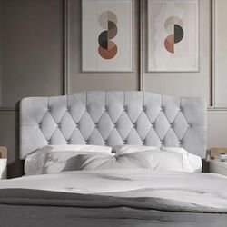 Velvet Button Tufted Curved Upholstered Adjustable Headboard, Queen in Silver Grey - CasePiece USA C8373QUHB-SGY-VV