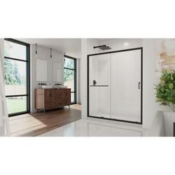Dreamline DreamLine Infinity-Z 34 inch D x 60 inch W x 74 3/4 inch H Semi-Frameless Sliding Clear Shower Door in Matte Black with Left Drain White Shower Base Kit DL-6972-CLL-09