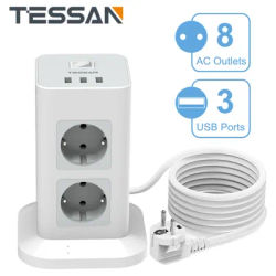 TESSAN-Multiprise Tour Verticale avec Joli Prise 8 Voies 3 Ports USB Câble de 2m Prise EU Multi