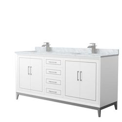 Marlena 72 Inch Double Bathroom Vanity in White, White Carrara Marble Countertop, Undermount Square Sinks, Brushed Nickel Trim - Wyndham WCH515172DWHCMUNSMXX