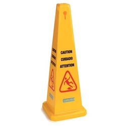 Carlisle 3694104 Caution" Cone Floor Sign - 12 1/2x36" Triangular, Polypropylene, Yellow, 36" Tall, English, French, and Spanish