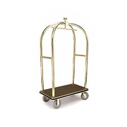 Forbes Industries 2426 Birdcage Luggage Cart w/ 2 Push Bars & Carpeted Deck - 43"L x 24"W x 78"H, Polished Brass, Gray
