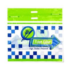 LK Packaging FT242011P Fast Take Tamper-Evident Carryout Bag w/ Handle - 24"W x 20"L, Printed, Adhesive Closure, Clear w/ Graphics, Case of 250
