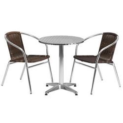 Flash Furniture TLH-ALUM-24RD-020CHR2-GG 23 1/2" Round Patio Table & 2 Brown Rattan Arm Chair Set - Stainless Steel Top, Aluminum Base