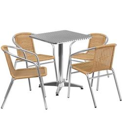 Flash Furniture TLH-ALUM-24SQ-020BGECHR4-GG 23 1/2" Square Patio Table & 4 Beige Rattan Arm Chair Set - Stainless Steel Top, Aluminum Base