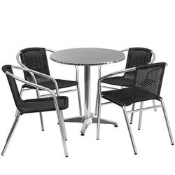 Flash Furniture TLH-ALUM-28RD-020BKCHR4-GG 27 1/2" Round Patio Table & 4 Black Rattan Arm Chair Set - Stainless Top, Aluminum Base